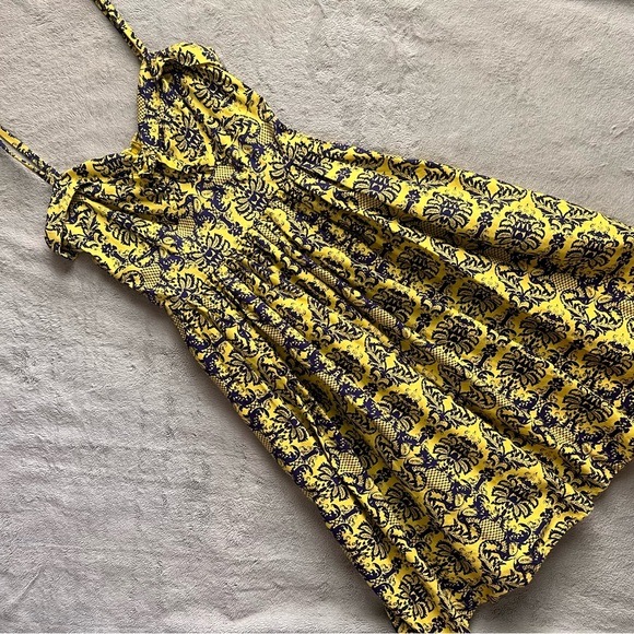 Unique Vintage Dresses & Skirts - Unique Vintage Retro Chateau Sleeveless Swing Dress Damask Pinup Dress Yellow
